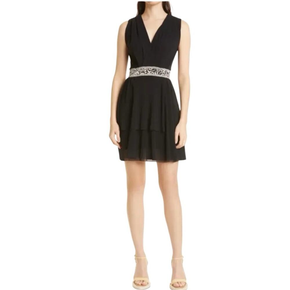 Fuzzi NWT Embroidered Waist Band Mesh Fit & Flare Dress in Black Size Large